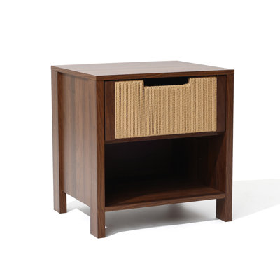 Walnut Finish MDF Wood with Rope Front 1-Drawer Nightstand and End Table