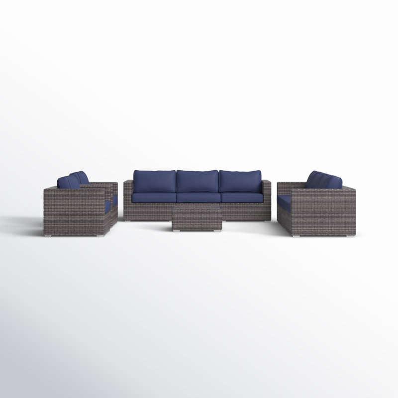 Lazaro Wicker Fully Assembled 8 - Person Seating Group with Sunbrella Cushions, Navy Blue, Espresso
