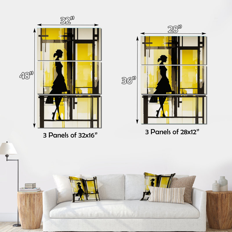 Silhouette en jaune et noir - femme moderne, ensemble d'art mural sur toile, H 32 po x l 48 po x P 1 po
