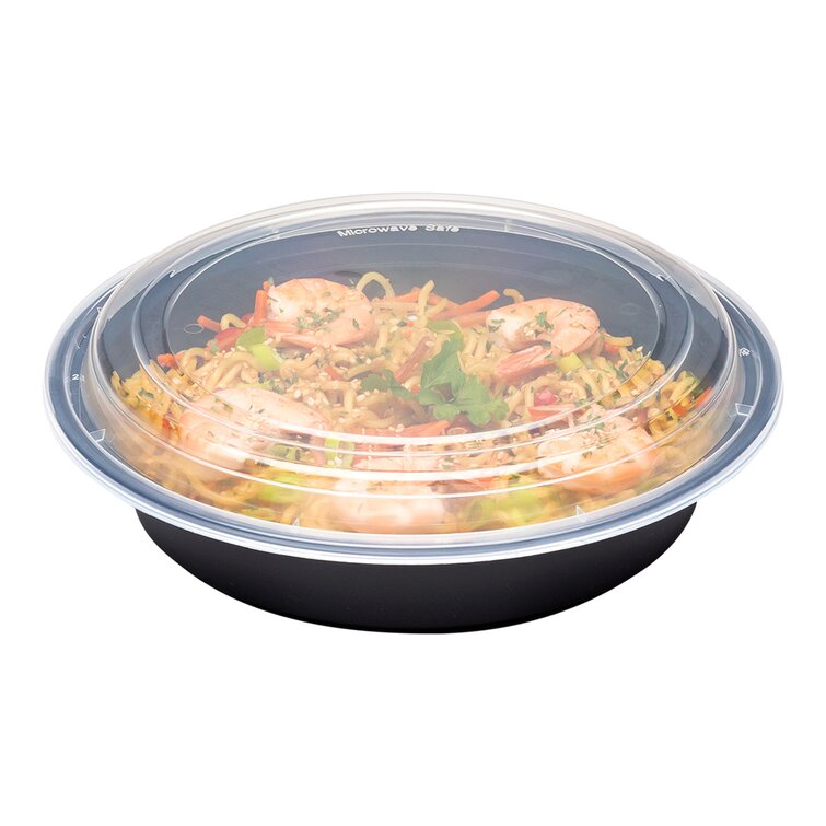 Restaurantware Asporto 34 Ounce Food Containers, 100 Microwavable Take Out Food Containers - Clear Plastic Lids Included, with 4 Compartments, Black