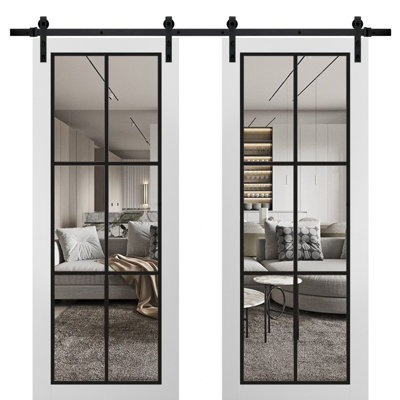 Porte de grange double robuste avec verre transparent | Lucia 2366 | Ensemble lourd de cintres en acier inoxydable 13 pi | Portes intérieures à panneau plein - Rail argenté - Verre transparent