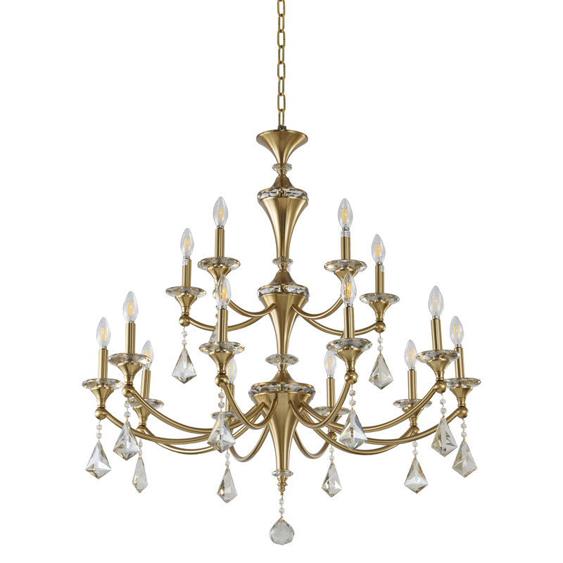 Lustre en laiton satiné 15 lumières avec cristaux transparents et champagne, Brun, Champagne