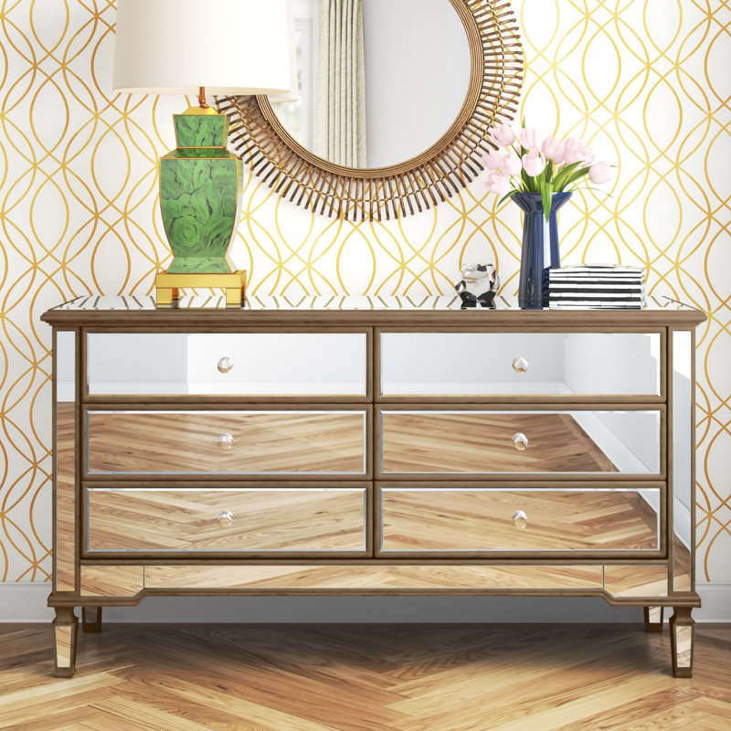 Commode double à miroir 6 tiroirs Brixton, Or antique