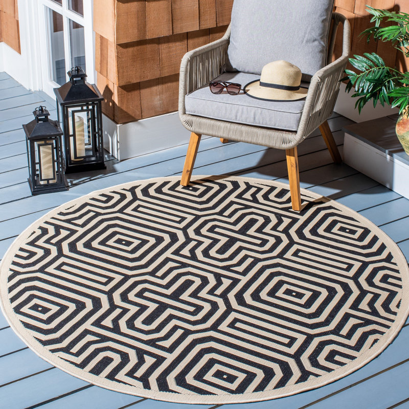 Tapis intérieur / extérieur sable / noir Arneshia, Rond 5 pi 3 po