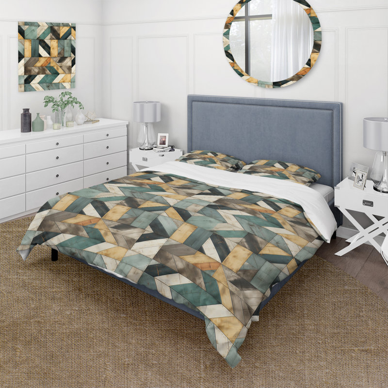 Natural Tones Grey And Beige Mosaic Geometric Shapes Duvet Cover, King Duvet Cover + 2 King Shams, Geometric Shapes 28