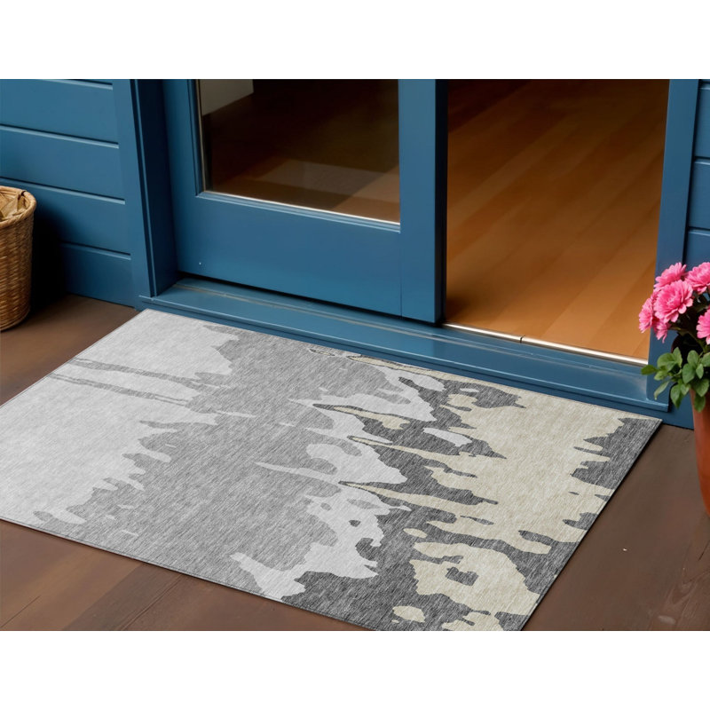 Tapis extérieur lavable abstrait gris et argent 3 pi x 5 pi Everette