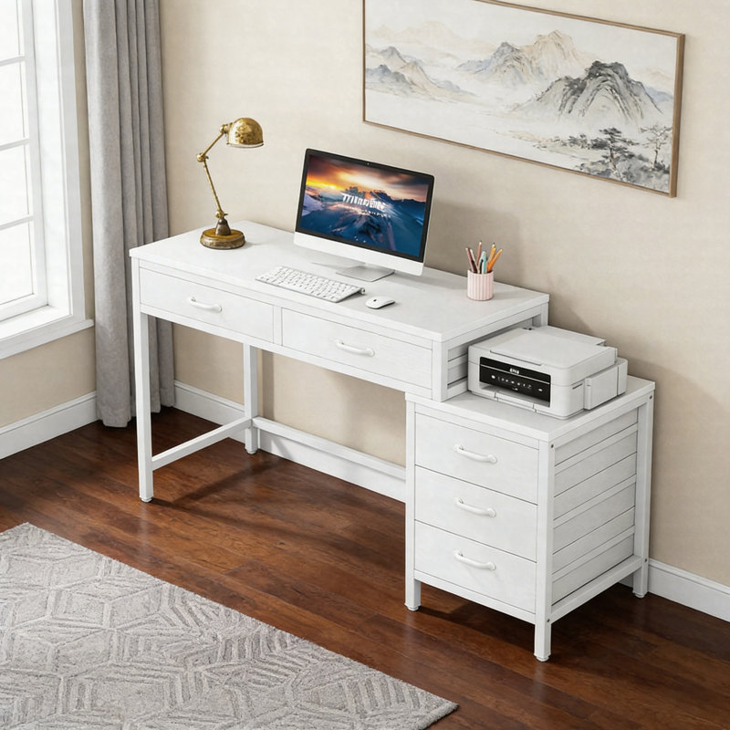 5-Drawer Computer Desk – Study & Writing Table With Reversible Drawer Cabinet, White