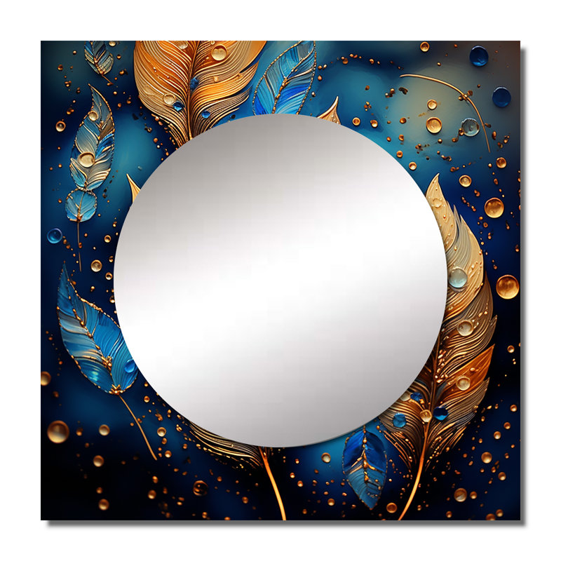 Décoration murale Boho Glam Gold Feathres On Cosmic Blue - Grand miroir carré en plumes, 23 po x 23 po
