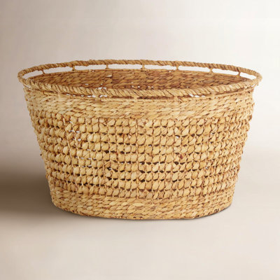 Seagrass Handmade Woven Oval Storage Basket With Elevated Rim And Slot Handles