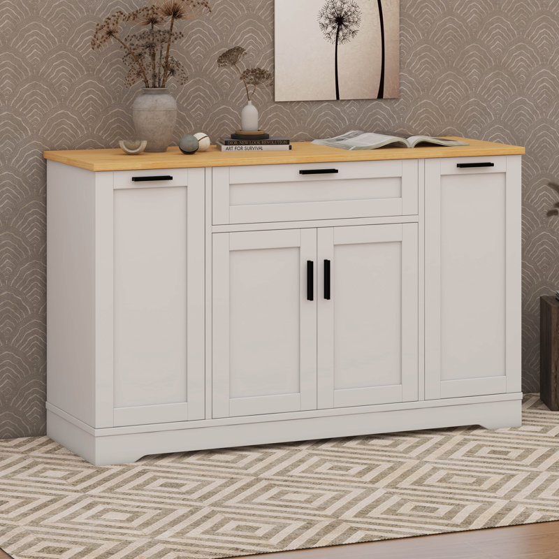 Multi-Functional Storage Sideboard, Modern Kitchen Island With Extendable Dining Table, Adjustable Shelves, 3-Tier Pull-Out Rack, Drawer