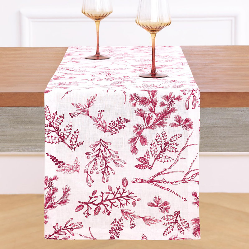 100% Pure Line Table Runner - Winter Forest, 108" x 14", Floral, Red/White