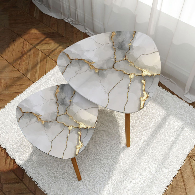 Ensemble de 2 tables basses gigognes Triangle, White/Gold/Gray
