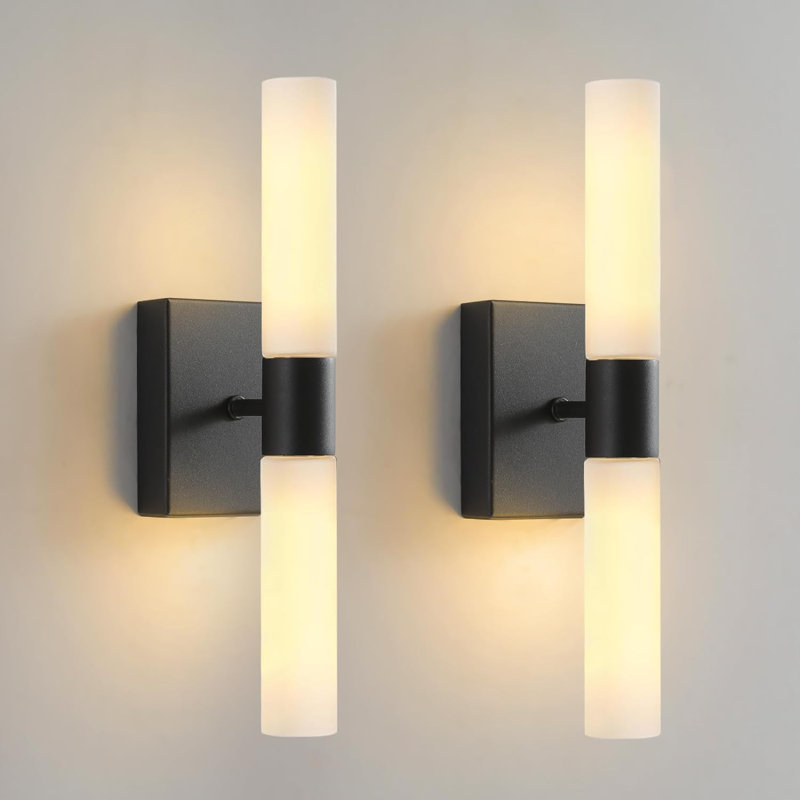 Ensemble de 2 appliques murales modernes pour salle de bain avec 2 abat-jour en verre givré et applique murale, Laiton noir