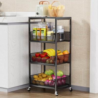 Chariot de cuisine à 4 niveaux avec plateau en bois - Organisateur de rangement multifonctionnel avec roulettes pour fruits, légumes, garde-manger et rangement
