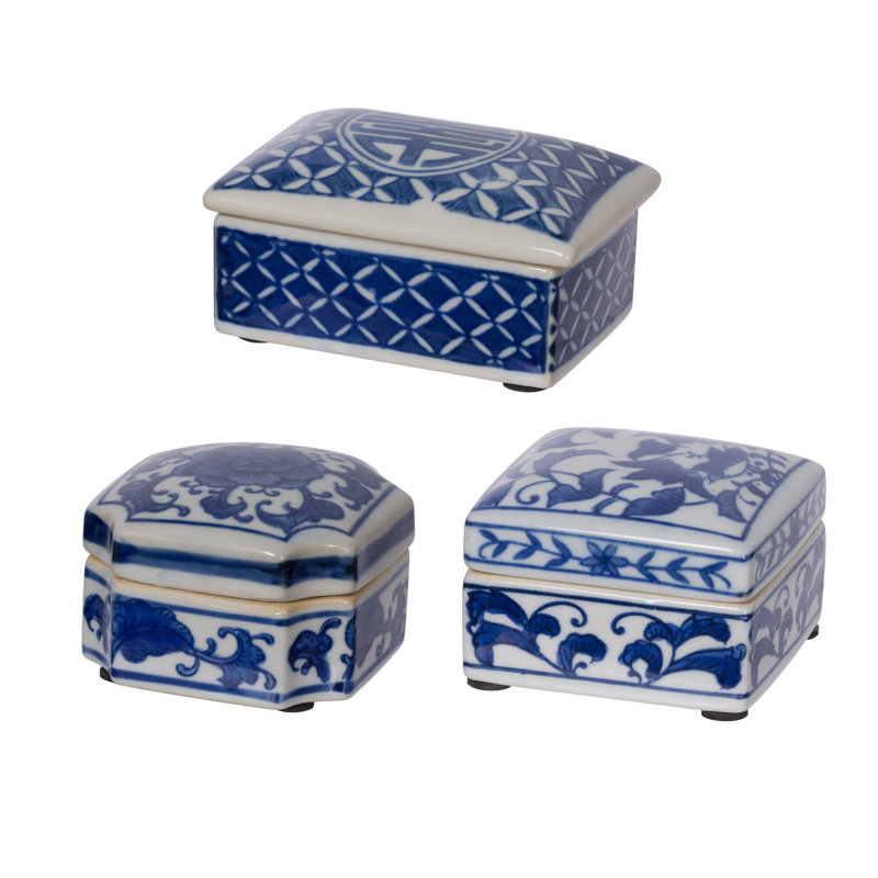 Ensemble de 3 boîtes décoratives en porcelaine bleue et blanche, boîtes de rangement chinoises pour bijoux, bibelots et souvenirs
