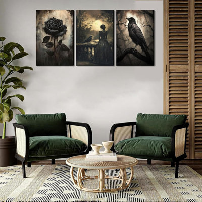 3 pièces d'art mural en toile gothique noir et rose foncé de style Collège, décoration murale, femme et corbeau, peinture botanique foncée pour le salon, dortoir, décoration de la maison, encadré 12 x 16 po