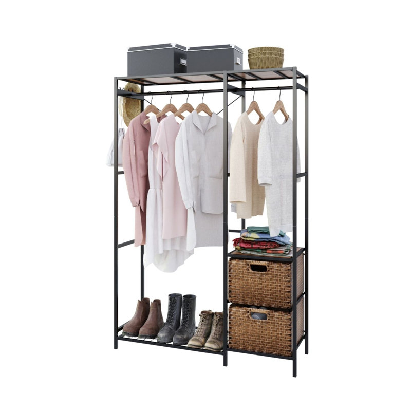 Acacia Wood Garment Rack with Shelves, Drawers & Hooks for Hanging Clothes, Brown