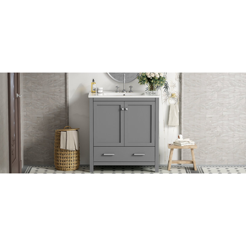 Meuble-lavabo gris de 30 po avec lavabo simple, meuble-lavabo sous-comptoir, armoire de rangement avec 2 portes et un tiroir, fermeture en douceur, rangement multifonctionnel, structure en bois massif