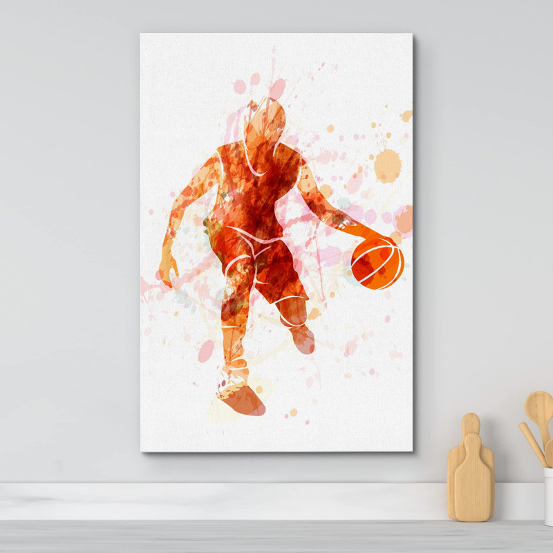 Rouge, aquarelle, explosion, basketball, joueur, sports, art, moderne, rustique, exercice urbain, H 48 po x l 32 po