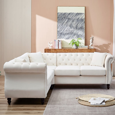 Coin surdimensionné de 83,5 pouces, en forme de L, avec 3 coussins. Coussins de canapé modulaires en velours de style aérodynamique pour la maison. Style, structure en bois et tissu