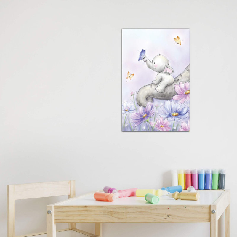 Éléphant avec papillon par Makiko - reproduction d'art, Toile tendue, Pas de tapis, H 12 po x l 8 po x P 0,75 po