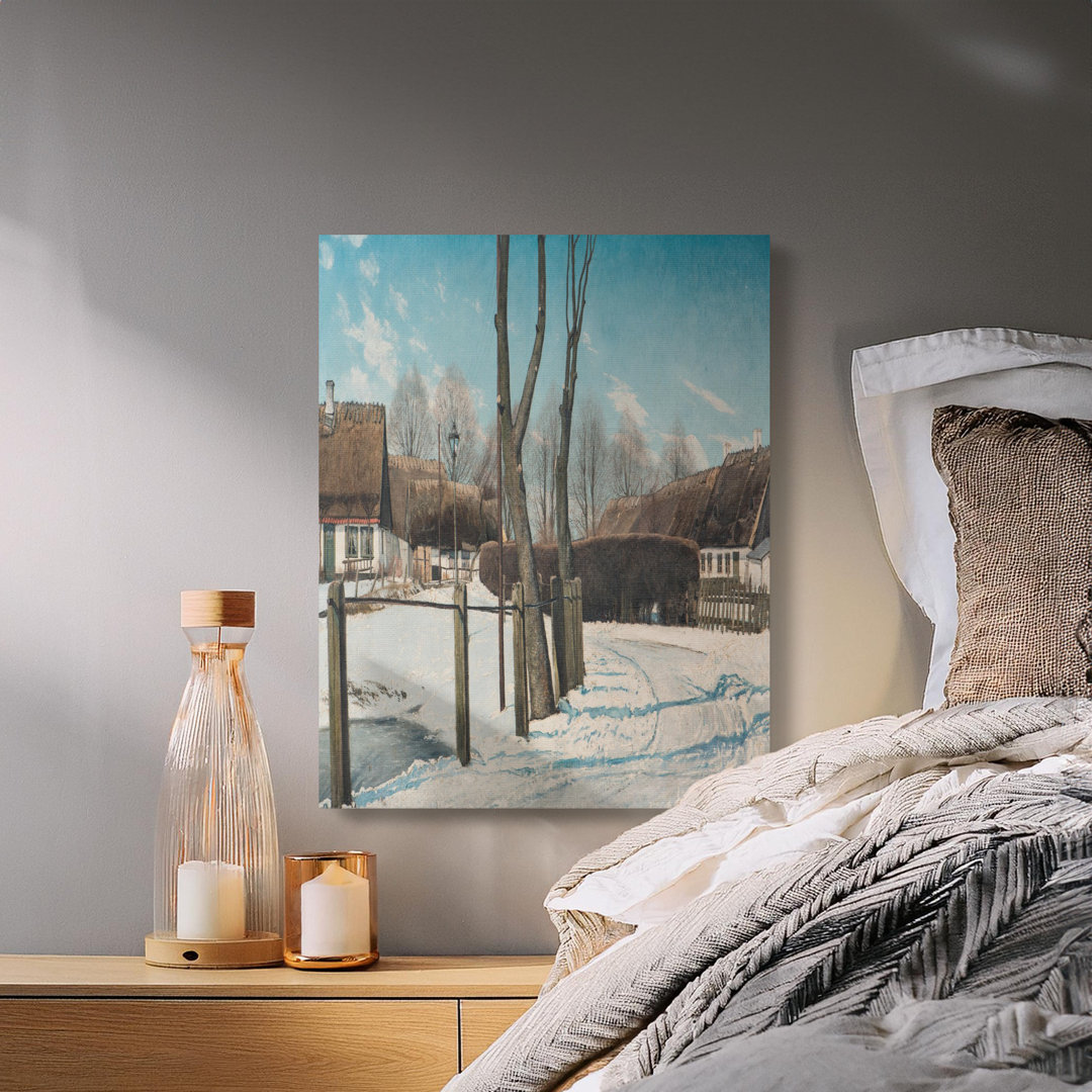 Snowy Village Winter Landscape Canvas Print, Rustic Farmhouse Decor Wall Art, Cozy Cold Season Scenery for Living Room Home