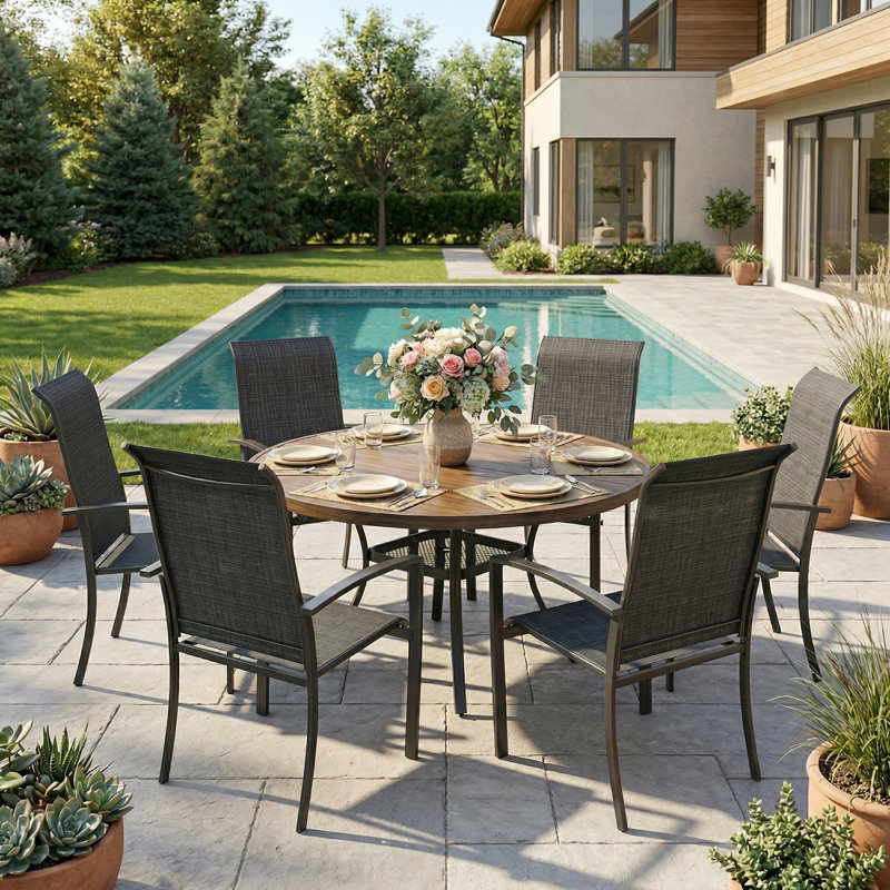 Ensemble de salle à manger de patio 6 personnes avec chaises empilables Textilene, Bois brossé gris / noir