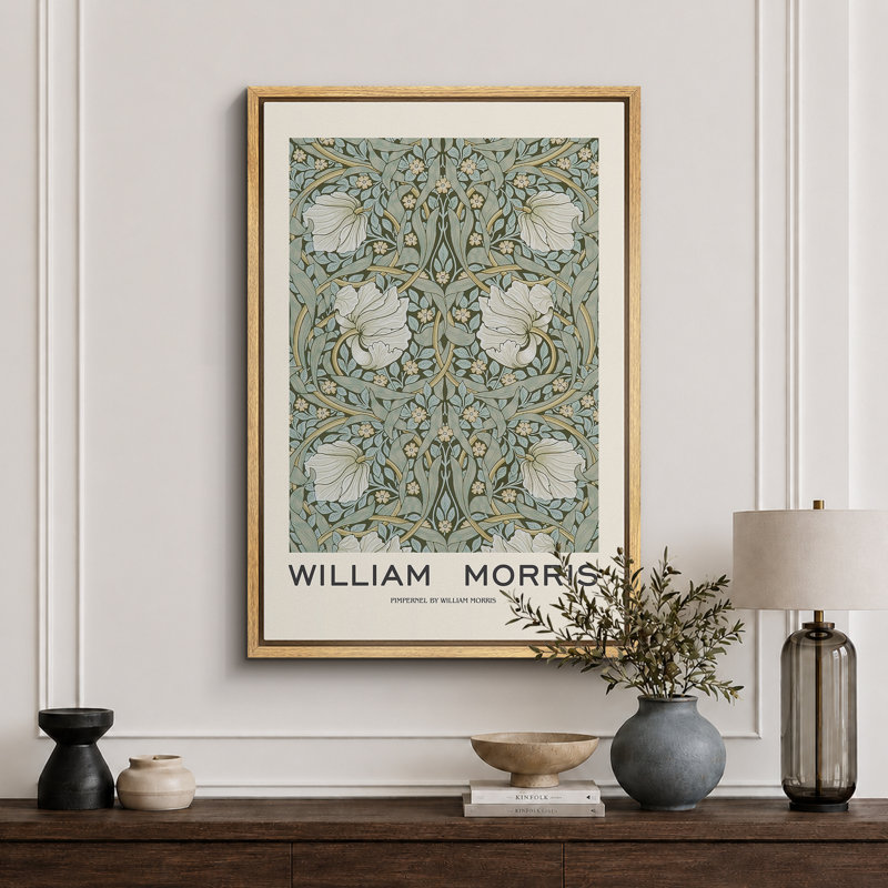 Oeuvre classique "William Morris - Illustration de fleur de pimpernel vert, images murales abstraites de salle de bain florales et botaniques, impression sur toile encadrée,"