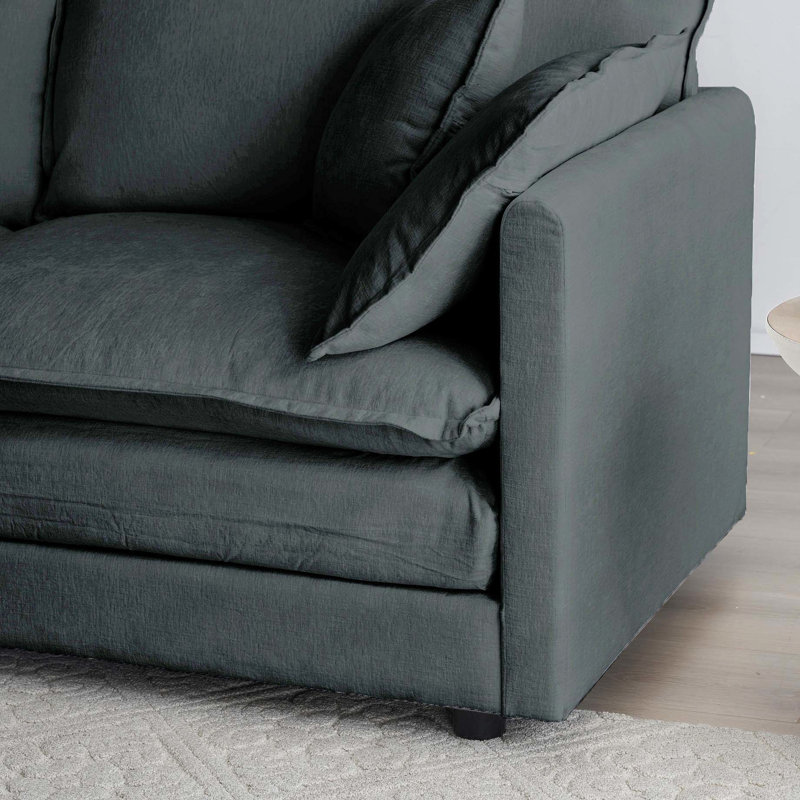 Chenille 2 places en forme de L avec gris. Revêtement respirant, structure en bois, option de sièges relaxants gris. Pour les petites pièces
