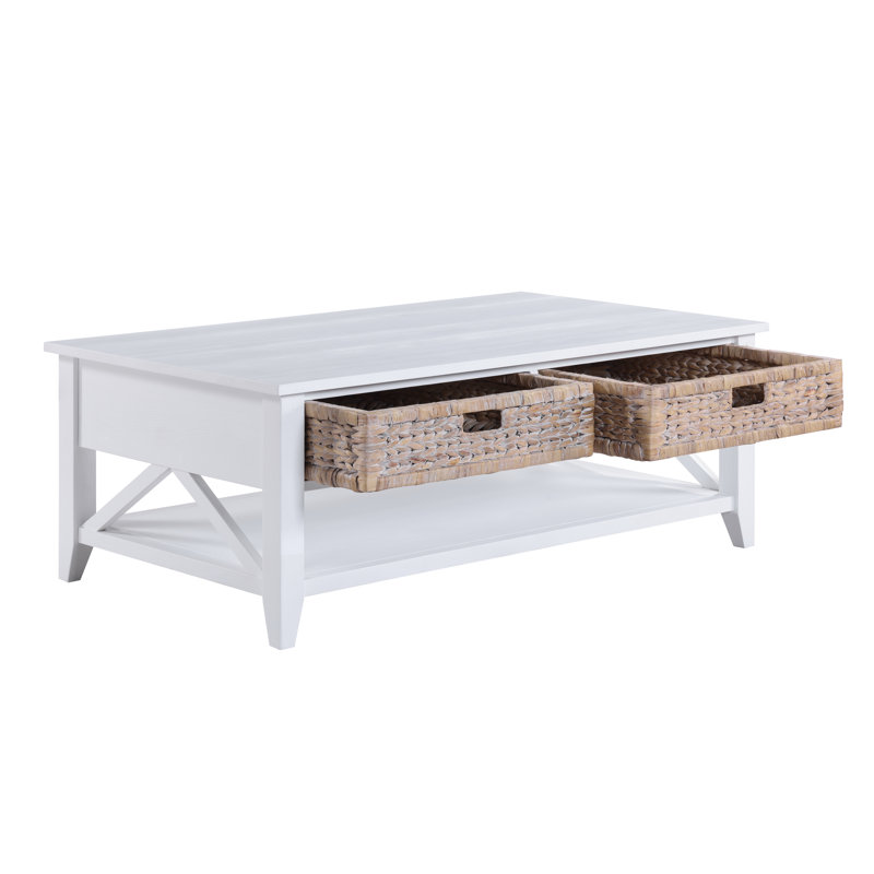 Table basse blanche Noehly avec deux tiroirs de style panier coulissant