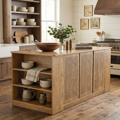 71" Kitchen Island with Storage and Seating, Wooden Stationary Kitchen Bar, Large Island Table with Slatted Doors Cabinet & 6 Open Shelves, Farmhouse Style for Apartment & Home