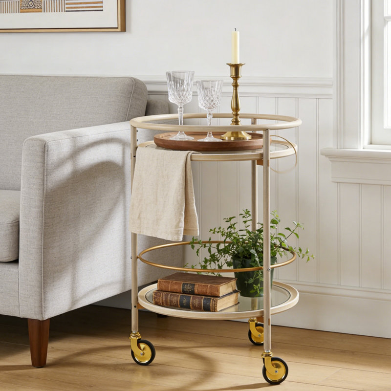Chariot-bar rond avec tablettes en verre trempé et accents dorés, finition blanc vieilli, Blanc ancien