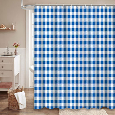 Blue Plaid Gingham Checkered Abstract Shower Curtain with 12 Hooks