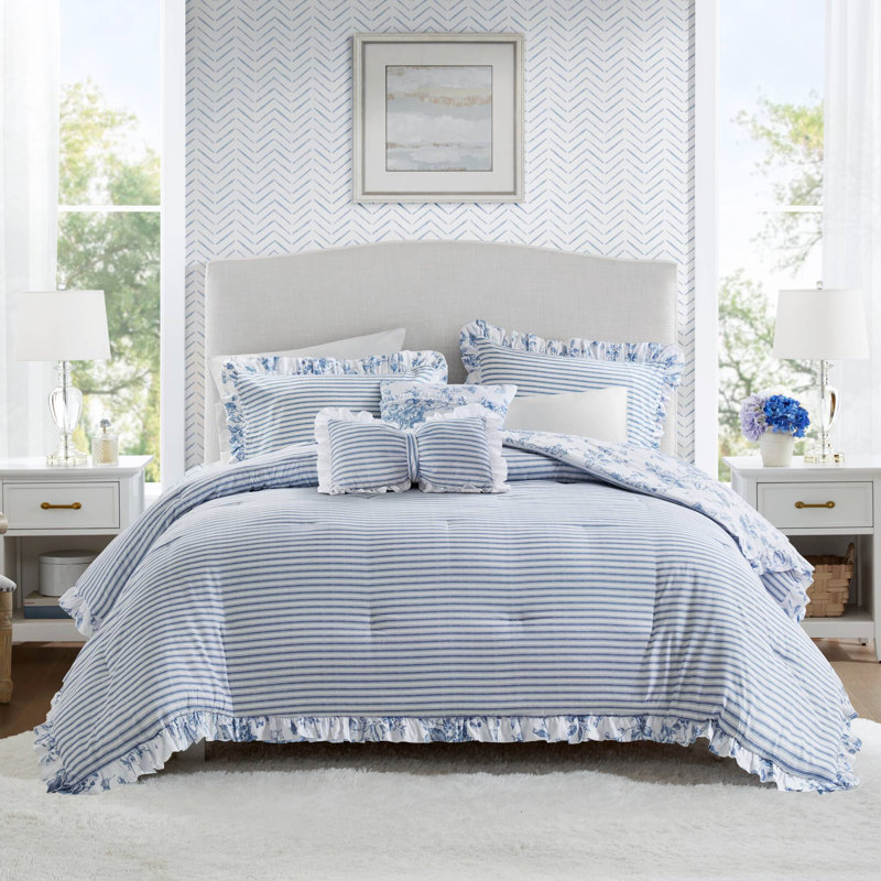 Ensemble d'édredon 5 pièces avec coussins décoratifs Adele, Édredon double/grand + 4 pièces additionnelles, Motif floral bleu