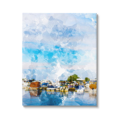 Bateaux d'été à quai à Port Harbor, ciel bleu nuageux par Chamira Young - Peinture