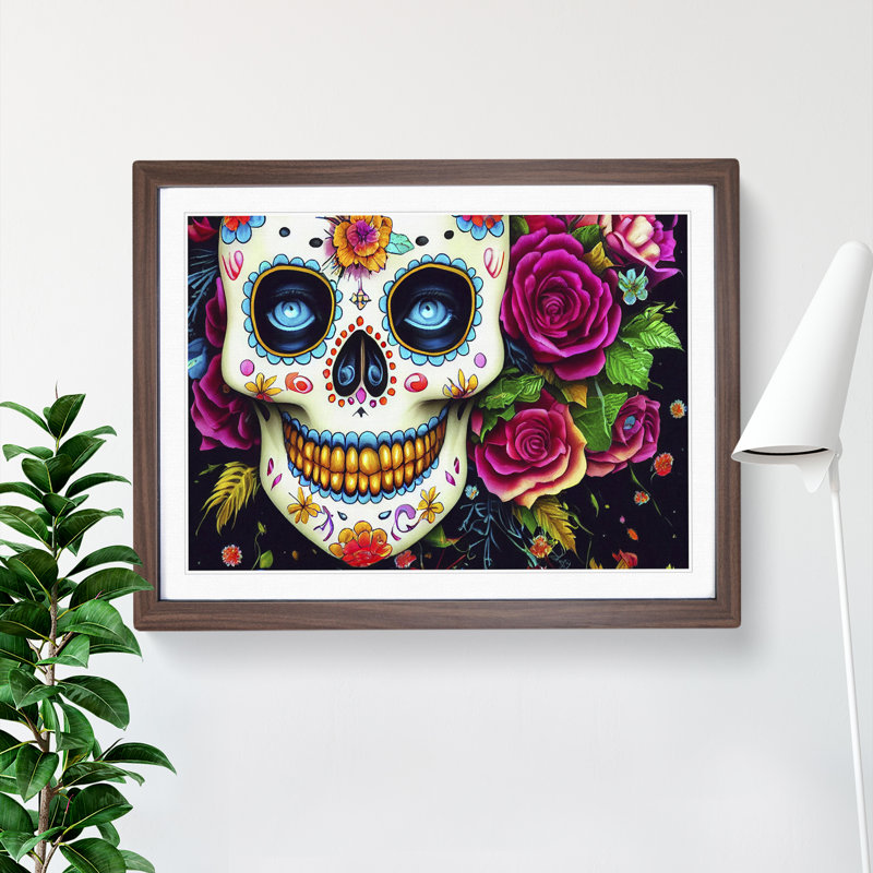 Bold Floral Sugar Skull - Single Picture Frame Print, Walnut Framed, 25cm H x 34cm W x 2cm D