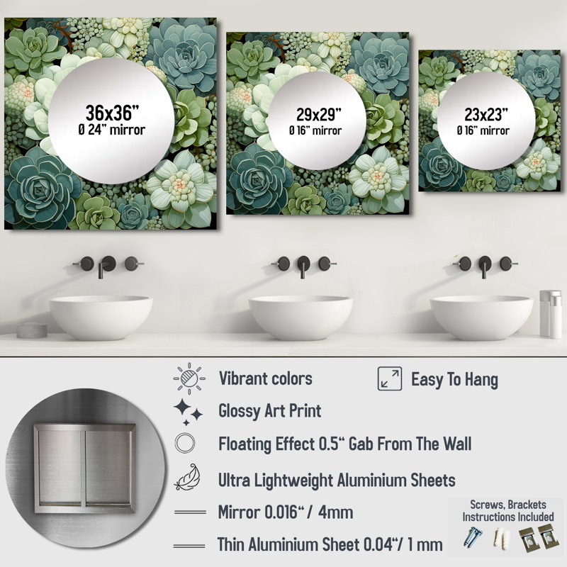Nakai - Grand miroir carré succulent pour décoration murale, 23 po x 23 po