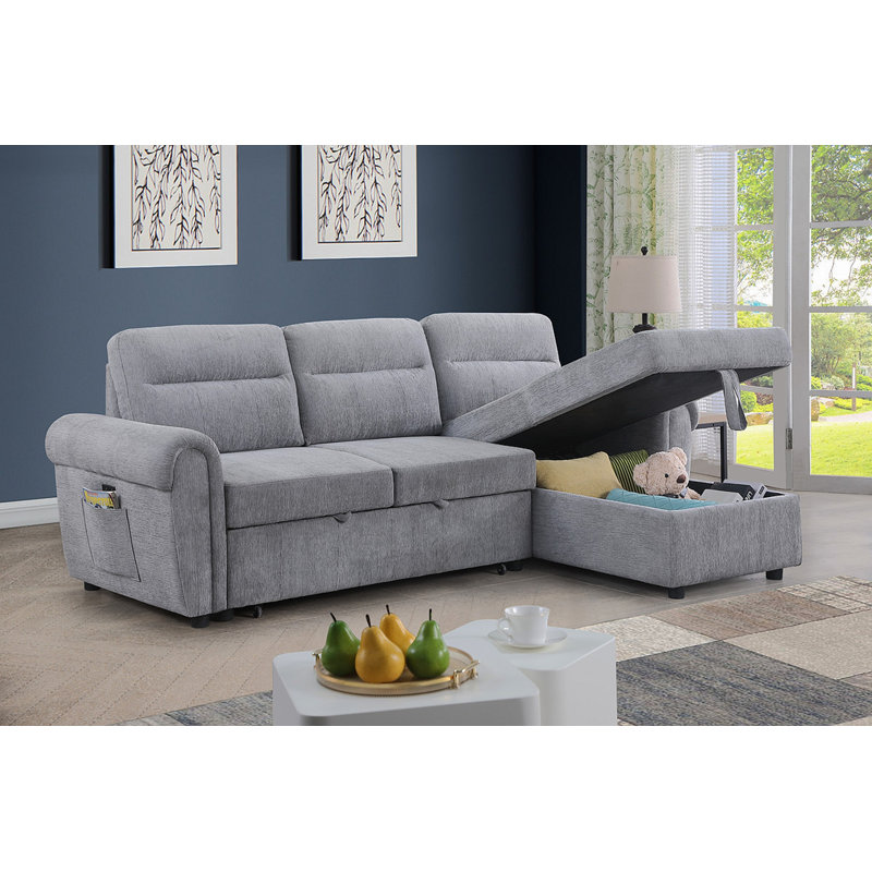 Ugo 97"W Light Gray Chenille Reversible Sleeper Sectional Sofa Chaise With USB Chargers, Phone/Magazine Pockets
