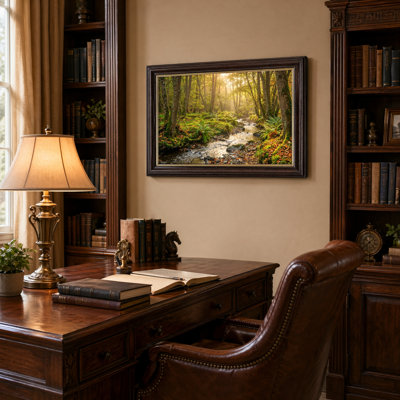 Art mural antique sur toile encadré doré pour le salon, la chambre à coucher, le bureau ou le vestibule - Décoration murale décorative avec ruisseau de forêt