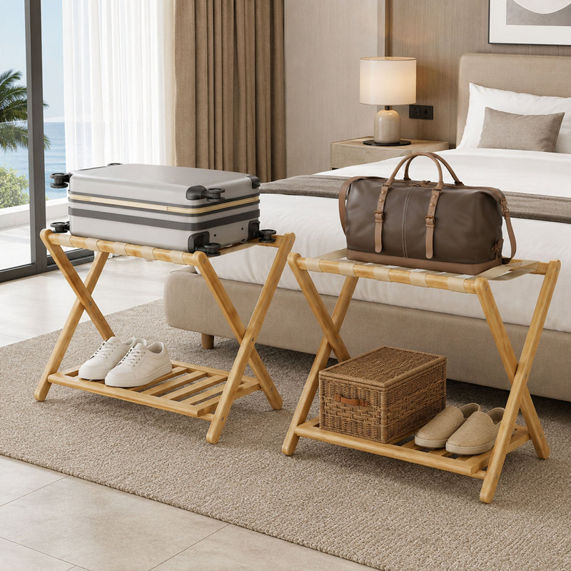 Ensemble de 2 porte-bagages en bambou, étagère à chaussures, beige, Beige