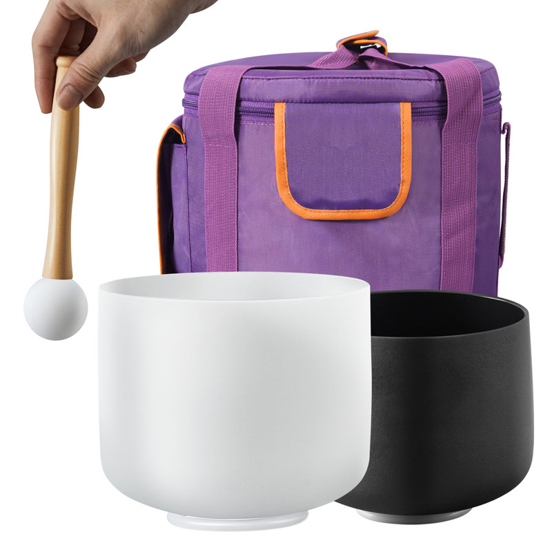 2 bols chantants en cristal 8 "et 10" bols chantants A & F avec sac de transport, 7.7" H x 10" W x 10" D, Noir / blanc, 2
