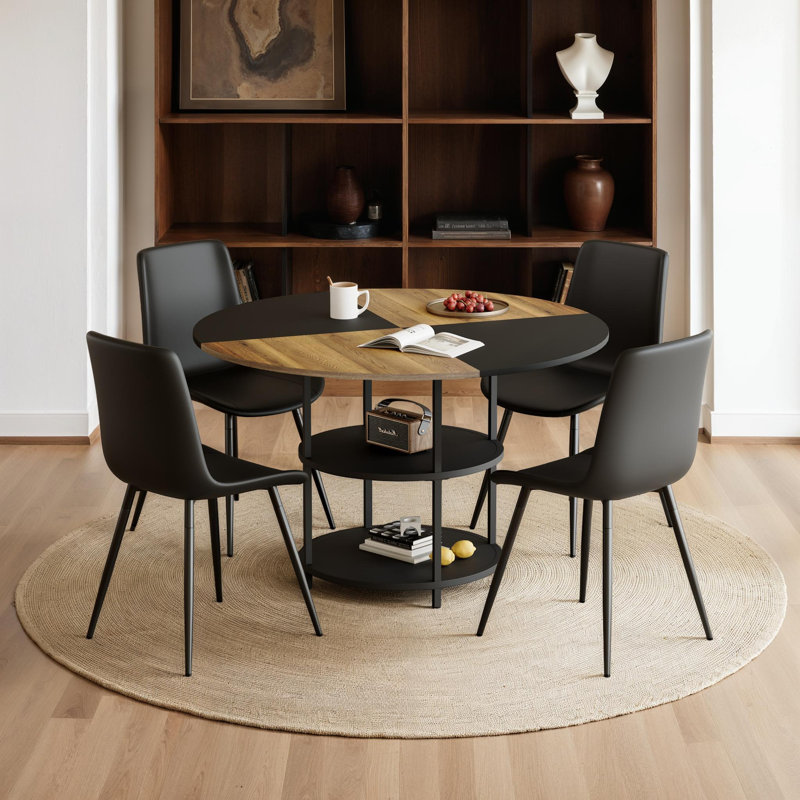 Ensemble de salle à manger 5 pièces avec chaises en métal et similicuir, rangement double couche, Noir