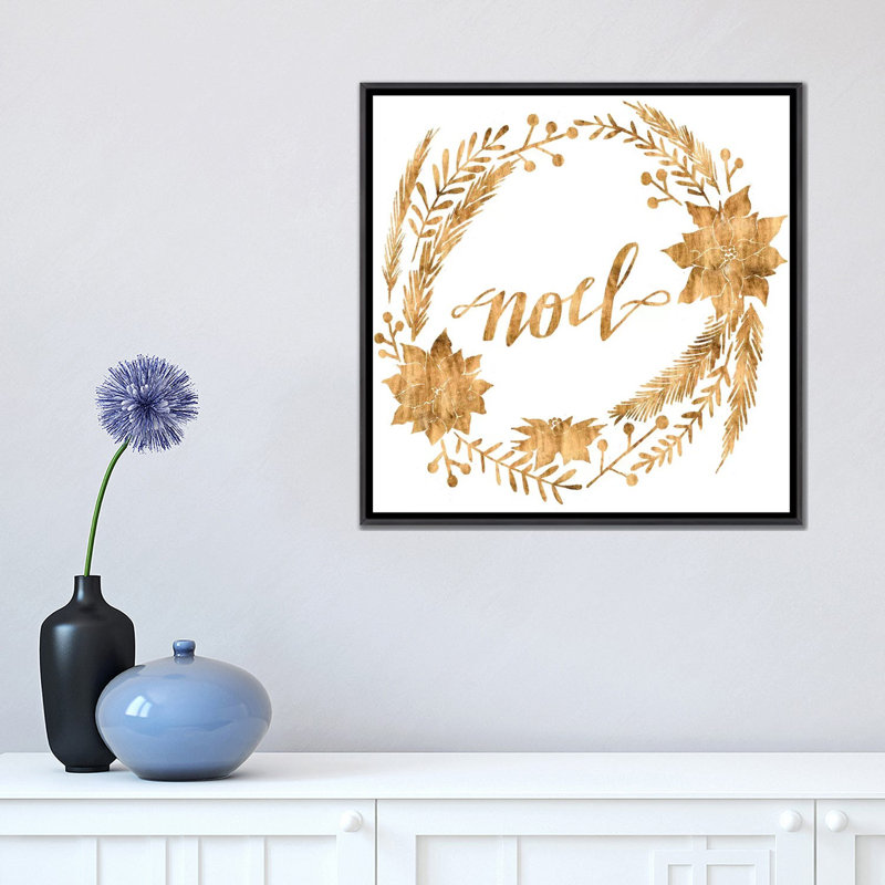 «Golden Christmas IV» par Grace Popp - reproduction d'art textuel, Toile avec cadre noir patiné, Pas de tapis
