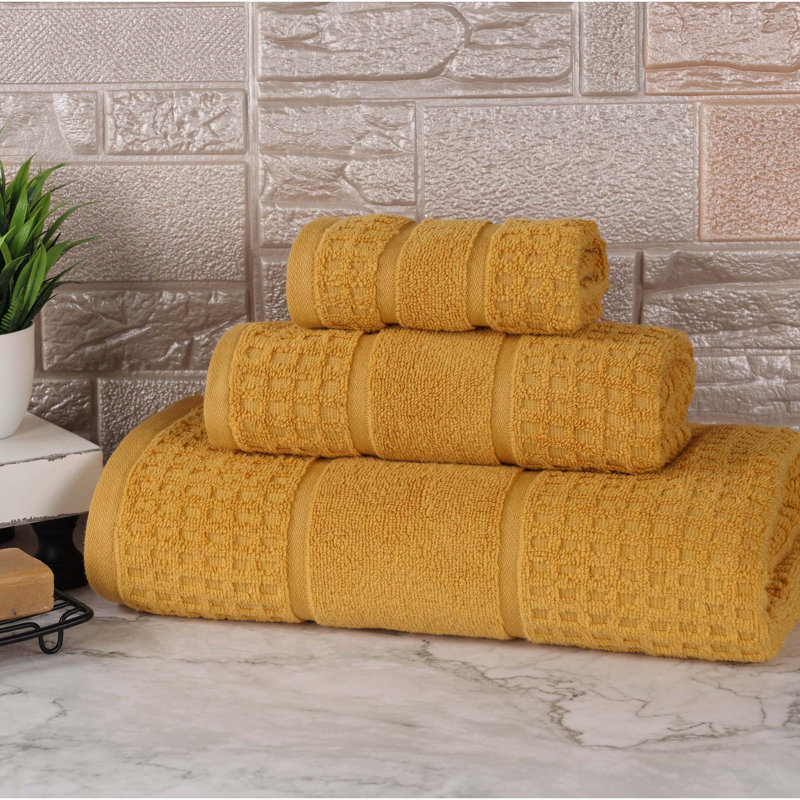 Ensemble de serviettes en coton gaufré Hisela Zero Twist, Or, Ensemble 3 serviettes de bain