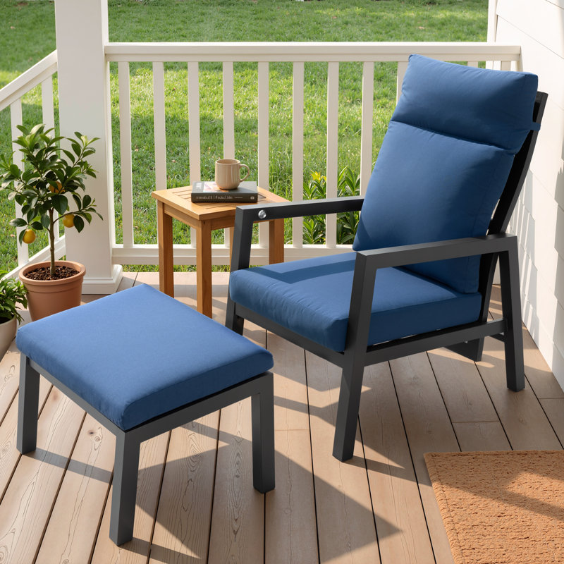 Push-button Pneumatic Adjustable Aluminum Patio Lounge Chair with Cushions and Ottoman, Navy