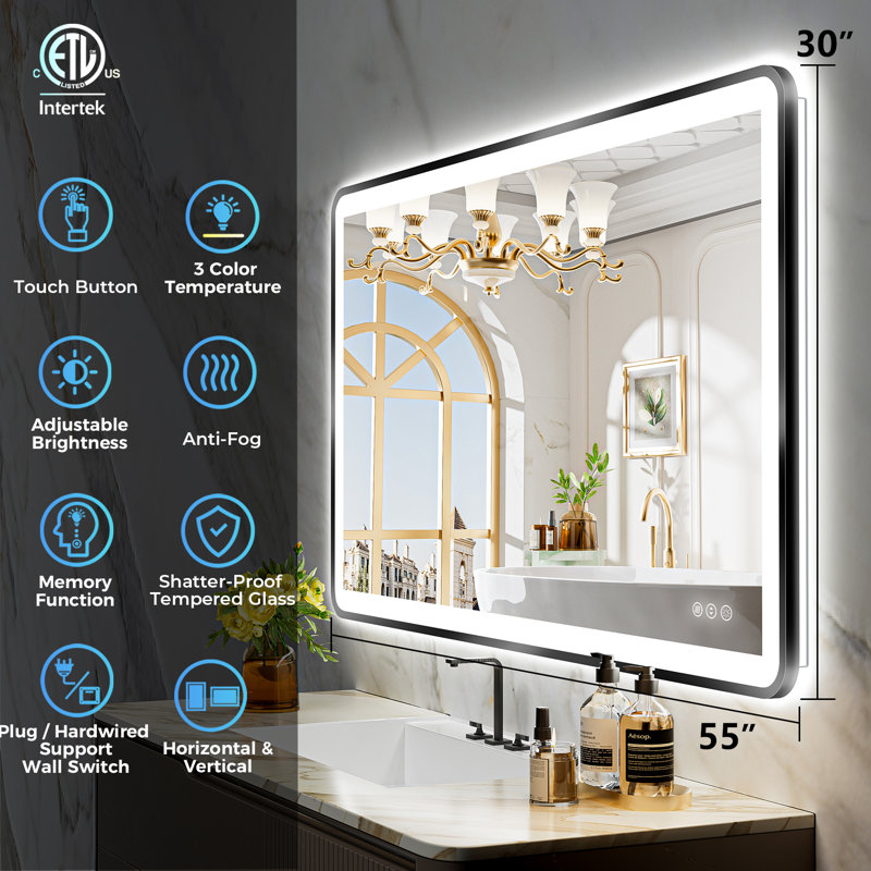 Hyosvany Matte Black Matel Framed LED Vanity Mirror with Front-lit and Back-lit, Memory Function, 3 Color Temperatures, Dimmable Light & Anti-fog Tempered Glass Mirror