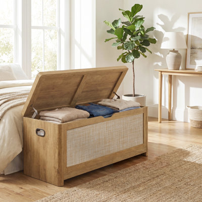 Boho Storage Bench, Entryway Storage Chest with Rattan Style, Blanket Trunk with Seat