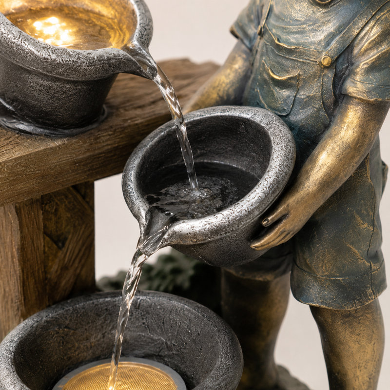 Fontaine de jardin en résine avec statue de garçon et éclairage DEL chaud, hauteur 61 cm (24,02 po)., Sarcelle