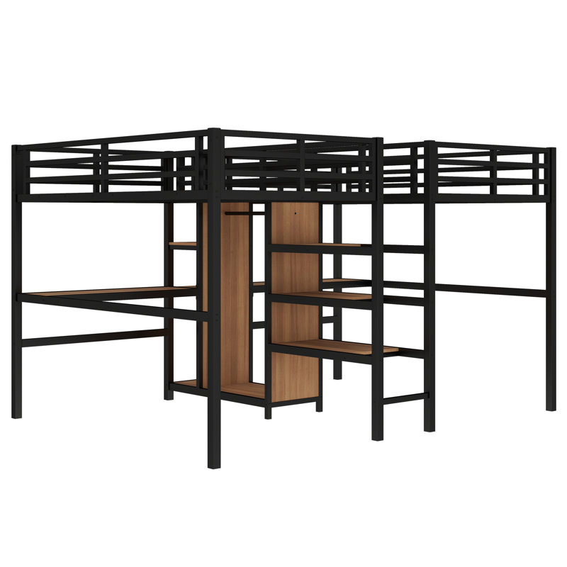 Twin Over Twin Metal Loft Bed with Double Desk and Wardrobe and Shelves with Electrical Outlet for Space Saving and Noise Reduction