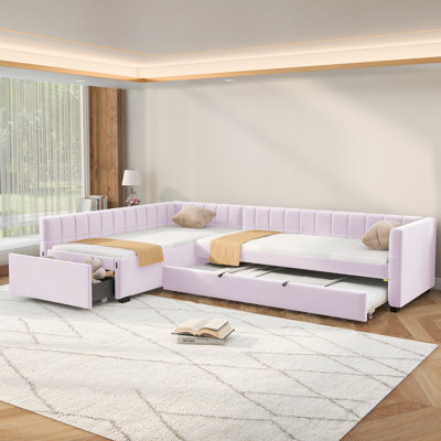 Double Twin L-Shaped Upholstered Daybed with Trundle and Storage Drawer Sofa Bed Bedroom Furniture Pink